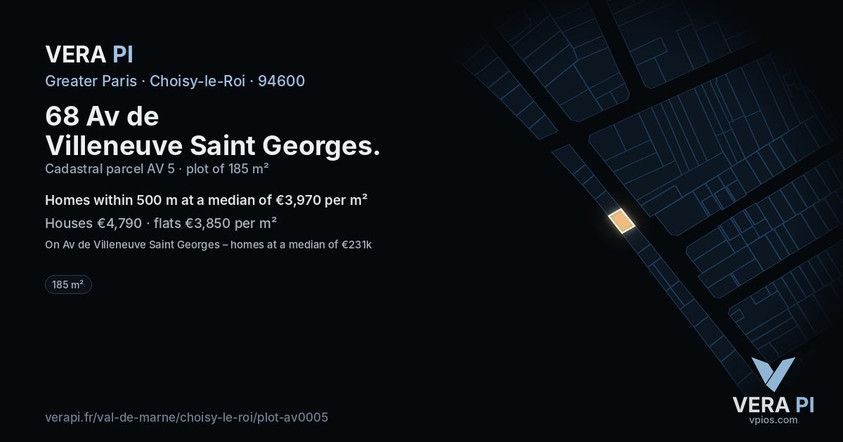 68 Av de Villeneuve Saint Georges, Choisy-le-Roi at night – the plot lit, the parcels around coloured by the prices near them