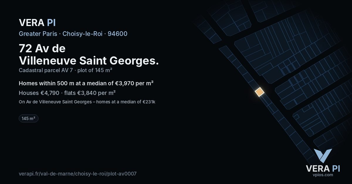 72 Av de Villeneuve Saint Georges, Choisy-le-Roi at night – the plot lit, the parcels around coloured by the prices near them