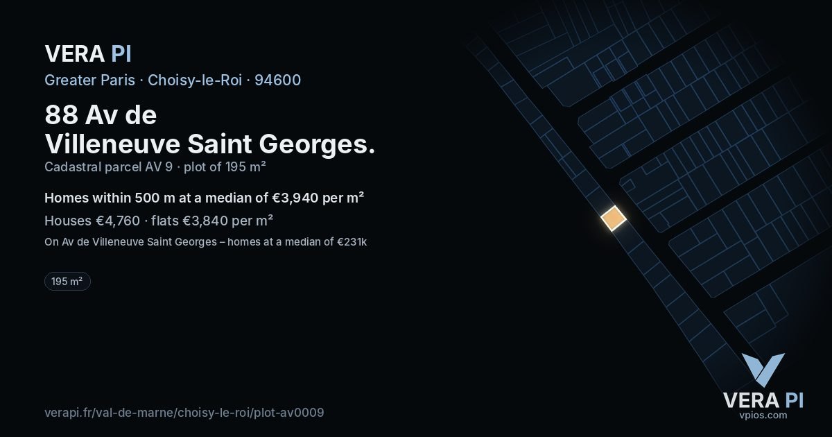 88 Av de Villeneuve Saint Georges, Choisy-le-Roi at night – the plot lit, the parcels around coloured by the prices near them