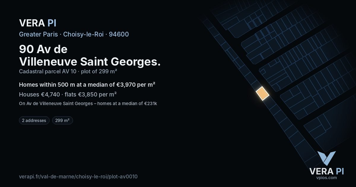 90 Av de Villeneuve Saint Georges, Choisy-le-Roi at night – the plot lit, the parcels around coloured by the prices near them