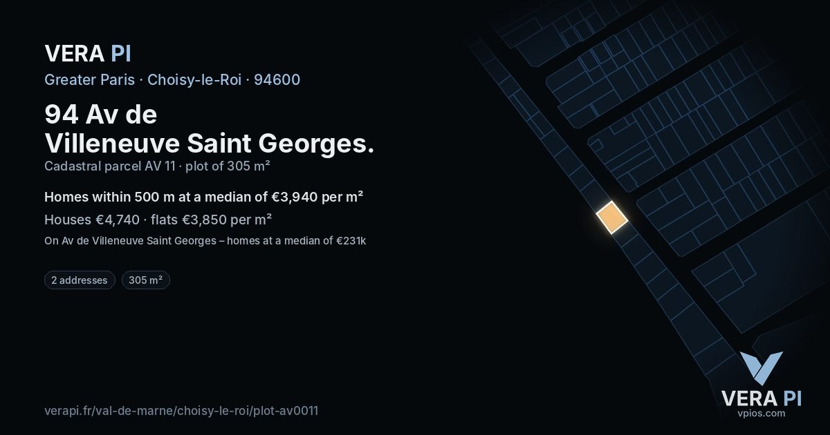 94 Av de Villeneuve Saint Georges, Choisy-le-Roi at night – the plot lit, the parcels around coloured by the prices near them