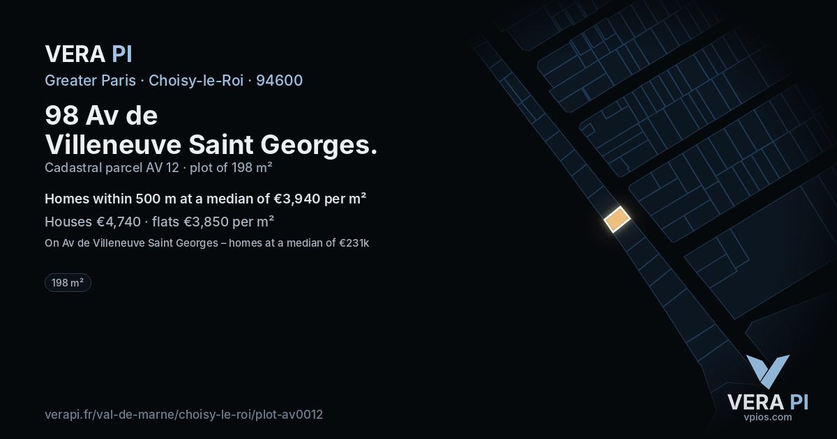 98 Av de Villeneuve Saint Georges, Choisy-le-Roi at night – the plot lit, the parcels around coloured by the prices near them