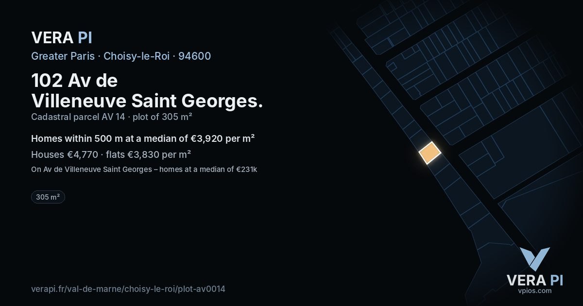 102 Av de Villeneuve Saint Georges, Choisy-le-Roi at night – the plot lit, the parcels around coloured by the prices near them