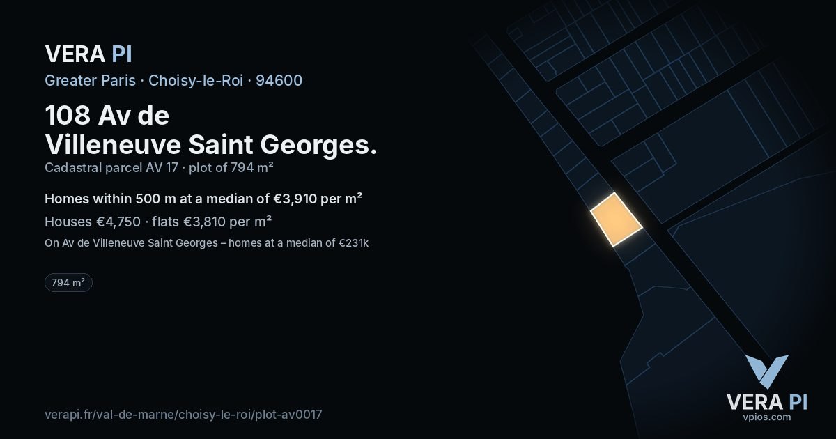 108 Av de Villeneuve Saint Georges, Choisy-le-Roi at night – the plot lit, the parcels around coloured by the prices near them