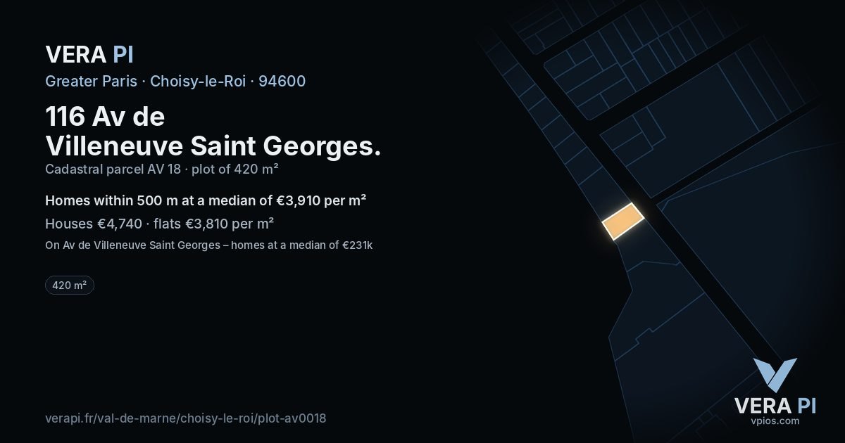 116 Av de Villeneuve Saint Georges, Choisy-le-Roi at night – the plot lit, the parcels around coloured by the prices near them
