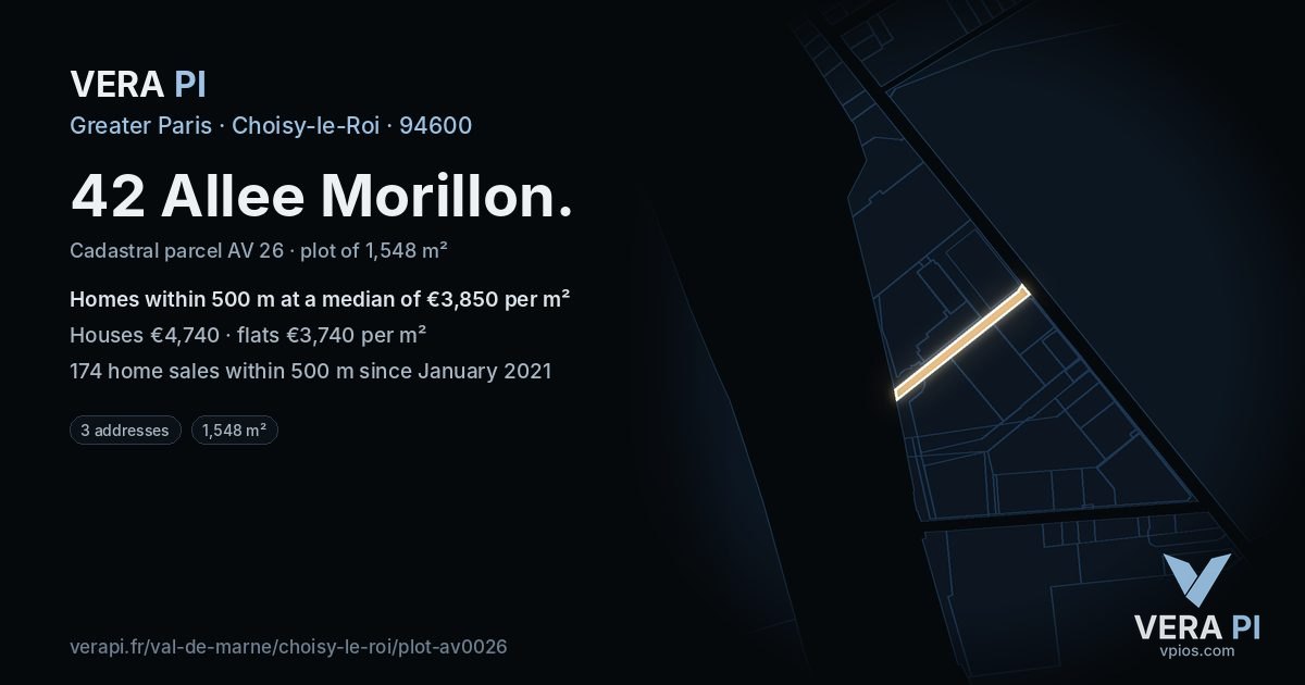 42 Allee Morillon, Choisy-le-Roi at night – the plot lit, the parcels around coloured by the prices near them