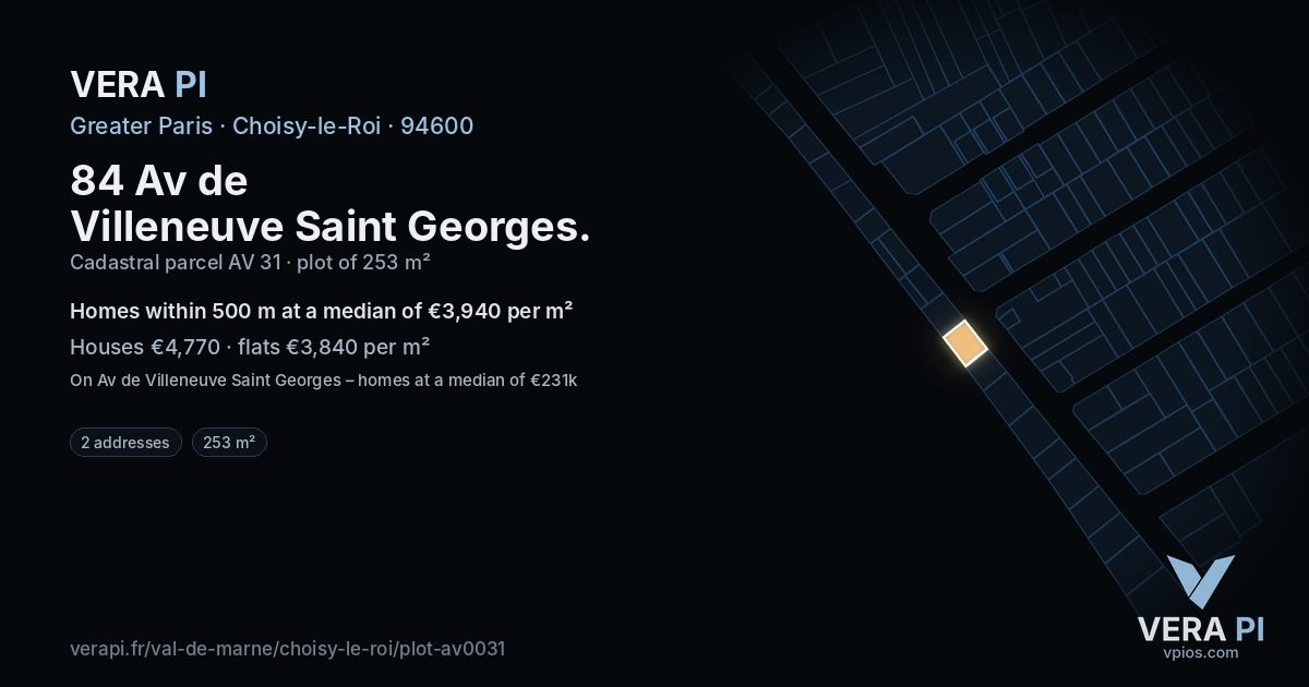 84 Av de Villeneuve Saint Georges, Choisy-le-Roi at night – the plot lit, the parcels around coloured by the prices near them