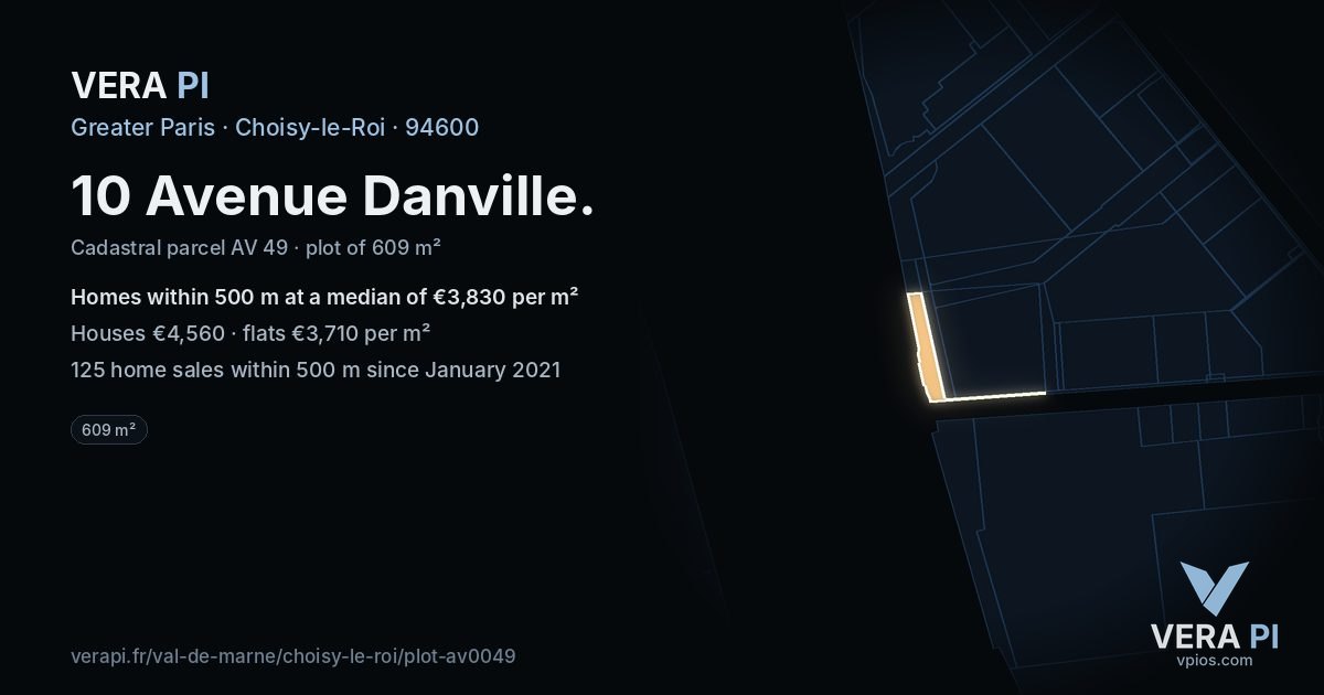 10 Avenue Danville, Choisy-le-Roi at night – the plot lit, the parcels around coloured by the prices near them