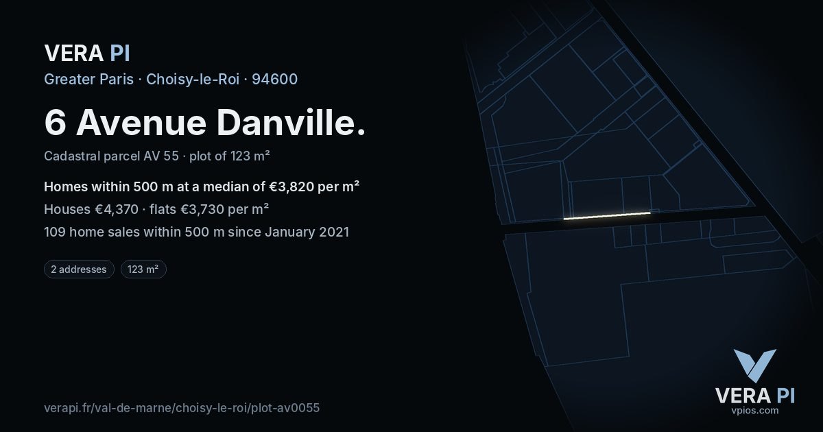 6 Avenue Danville, Choisy-le-Roi at night – the plot lit, the parcels around coloured by the prices near them