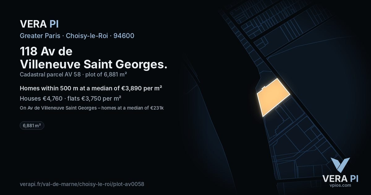 118 Av de Villeneuve Saint Georges, Choisy-le-Roi at night – the plot lit, the parcels around coloured by the prices near them