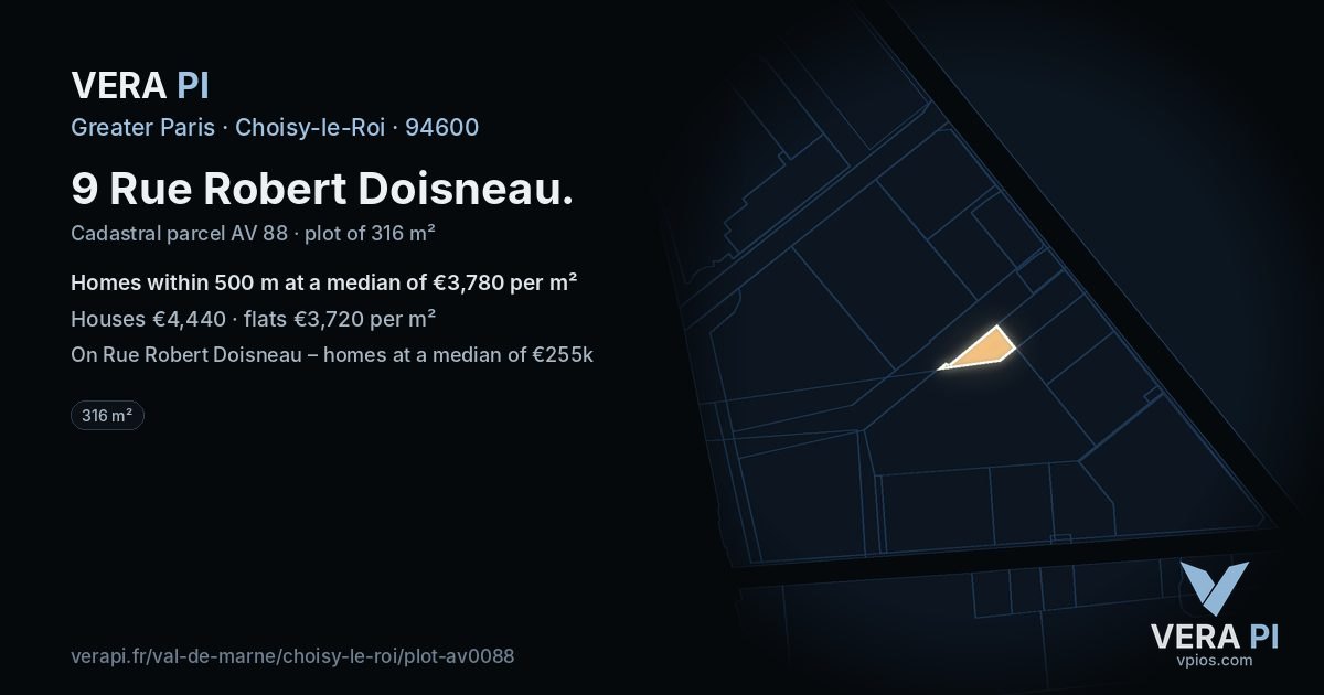 9 Rue Robert Doisneau, Choisy-le-Roi at night – the plot lit, the parcels around coloured by the prices near them