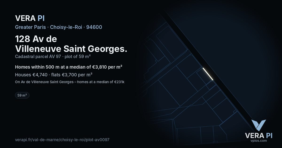 128 Av de Villeneuve Saint Georges, Choisy-le-Roi at night – the plot lit, the parcels around coloured by the prices near them