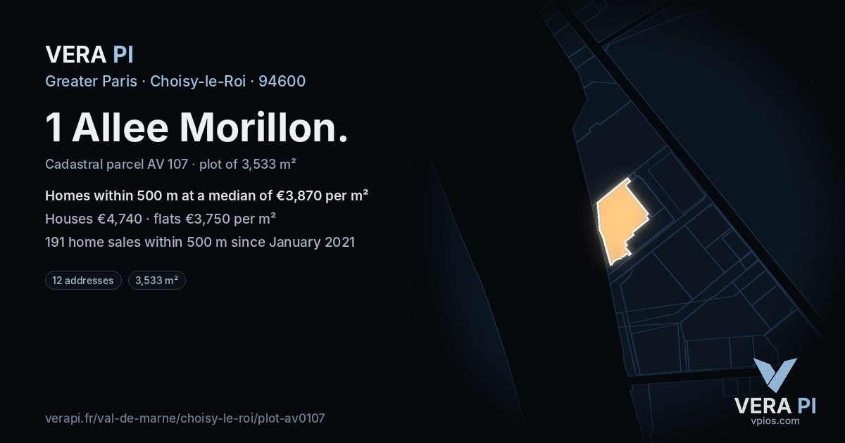 1 Allee Morillon, Choisy-le-Roi at night – the plot lit, the parcels around coloured by the prices near them