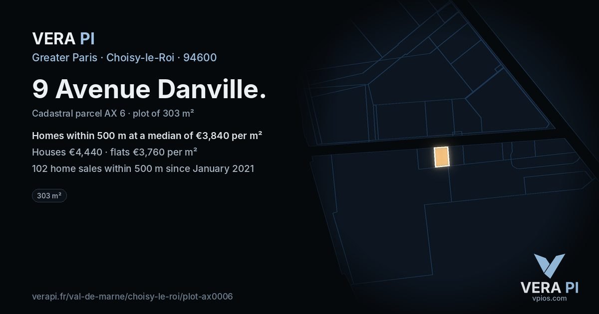9 Avenue Danville, Choisy-le-Roi at night – the plot lit, the parcels around coloured by the prices near them