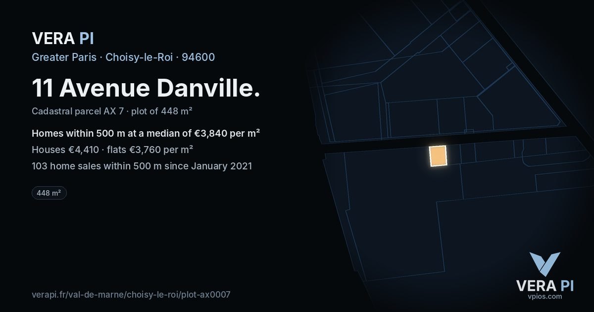 11 Avenue Danville, Choisy-le-Roi at night – the plot lit, the parcels around coloured by the prices near them