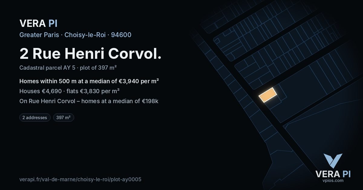 2 Rue Henri Corvol, Choisy-le-Roi at night – the plot lit, the parcels around coloured by the prices near them