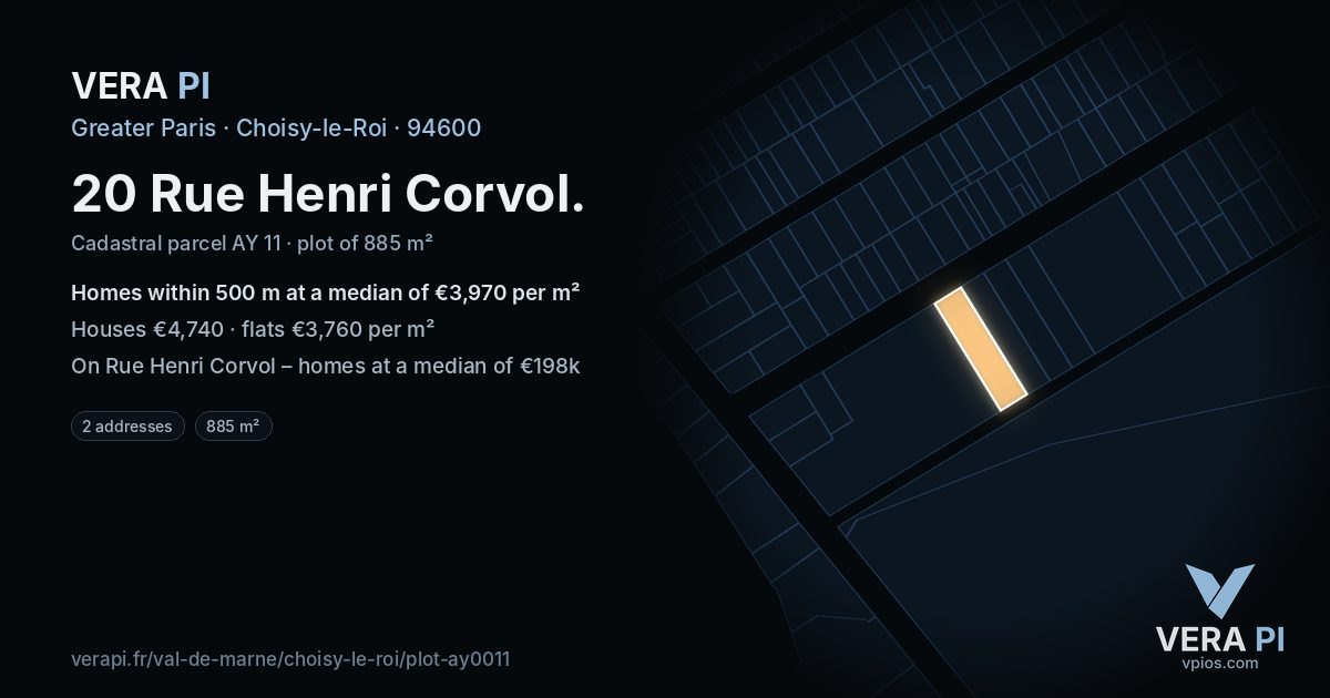 20 Rue Henri Corvol, Choisy-le-Roi at night – the plot lit, the parcels around coloured by the prices near them