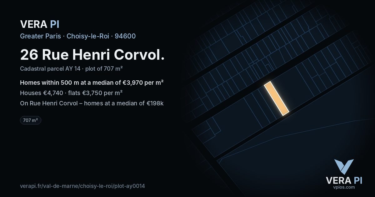 26 Rue Henri Corvol, Choisy-le-Roi at night – the plot lit, the parcels around coloured by the prices near them
