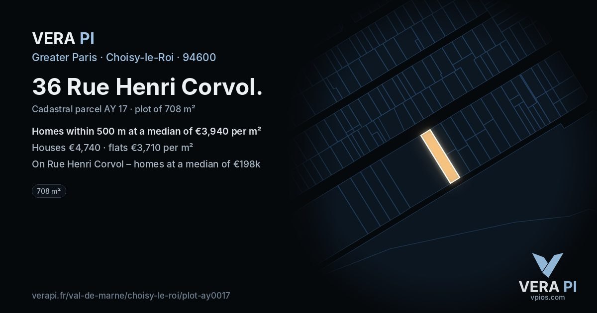 36 Rue Henri Corvol, Choisy-le-Roi at night – the plot lit, the parcels around coloured by the prices near them