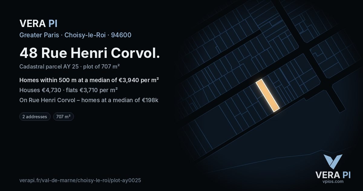 48 Rue Henri Corvol, Choisy-le-Roi at night – the plot lit, the parcels around coloured by the prices near them