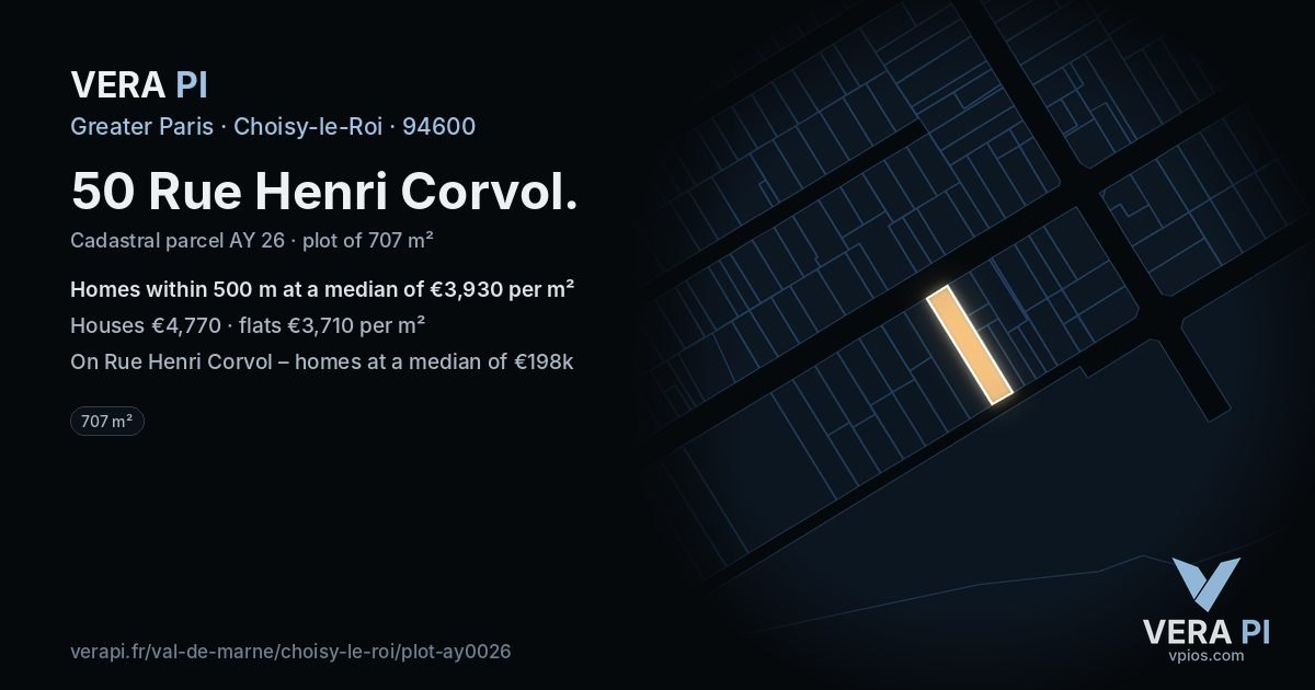 50 Rue Henri Corvol, Choisy-le-Roi at night – the plot lit, the parcels around coloured by the prices near them