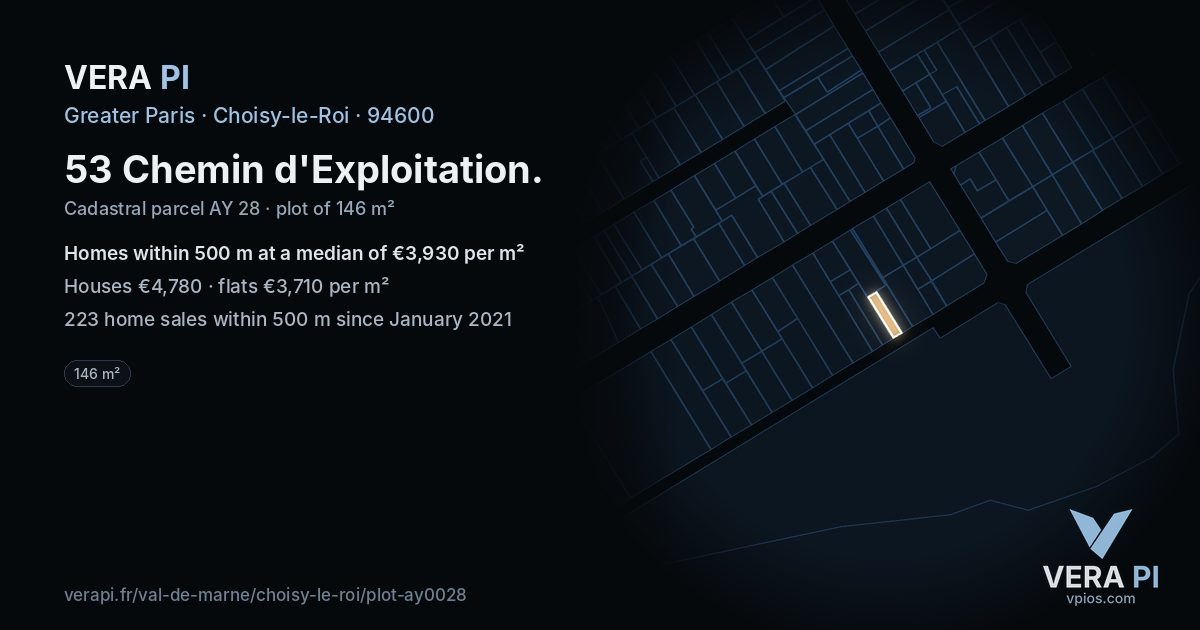 53 Chemin d'Exploitation, Choisy-le-Roi at night – the plot lit, the parcels around coloured by the prices near them