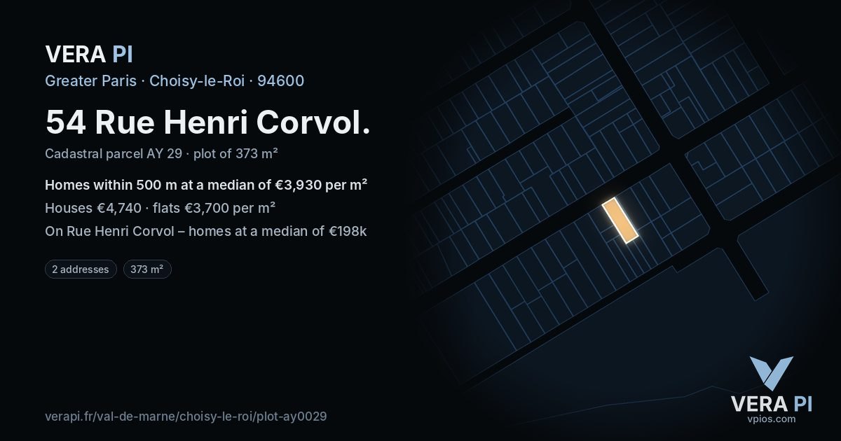 54 Rue Henri Corvol, Choisy-le-Roi at night – the plot lit, the parcels around coloured by the prices near them