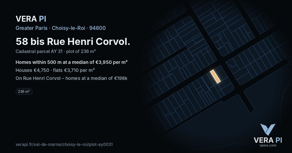58 bis Rue Henri Corvol, Choisy-le-Roi at night – the plot lit, the parcels around coloured by the prices near them
