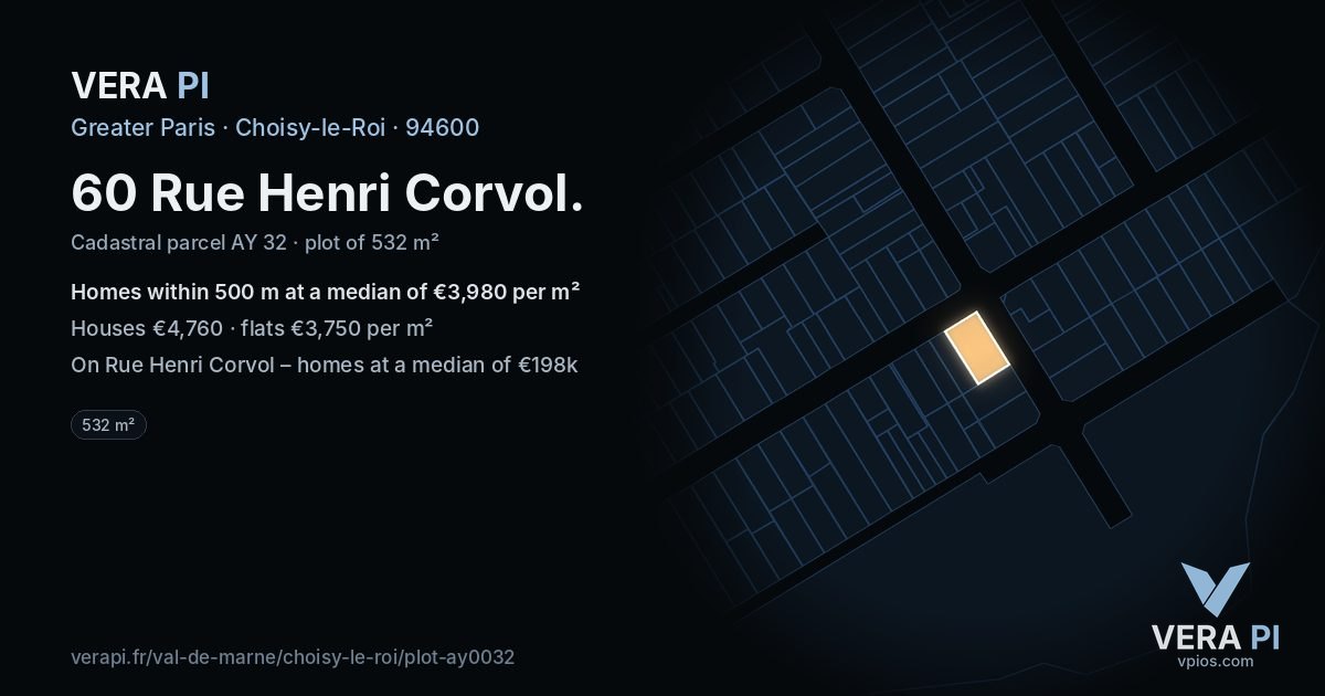 60 Rue Henri Corvol, Choisy-le-Roi at night – the plot lit, the parcels around coloured by the prices near them
