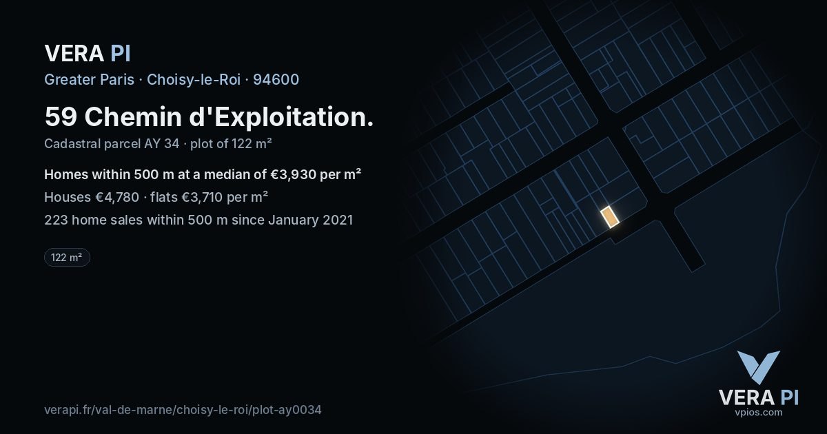 59 Chemin d'Exploitation, Choisy-le-Roi at night – the plot lit, the parcels around coloured by the prices near them