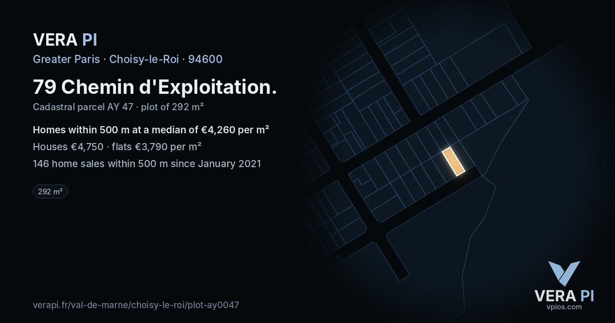 79 Chemin d'Exploitation, Choisy-le-Roi at night – the plot lit, the parcels around coloured by the prices near them