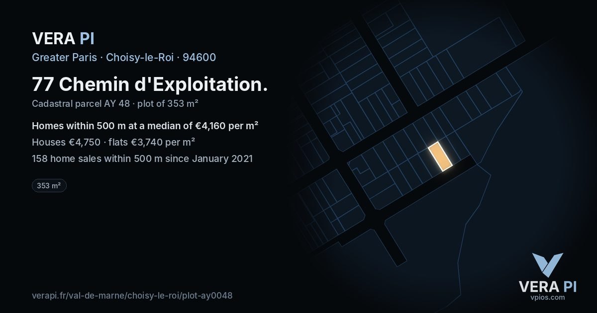 77 Chemin d'Exploitation, Choisy-le-Roi at night – the plot lit, the parcels around coloured by the prices near them