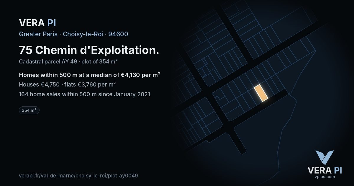 75 Chemin d'Exploitation, Choisy-le-Roi at night – the plot lit, the parcels around coloured by the prices near them