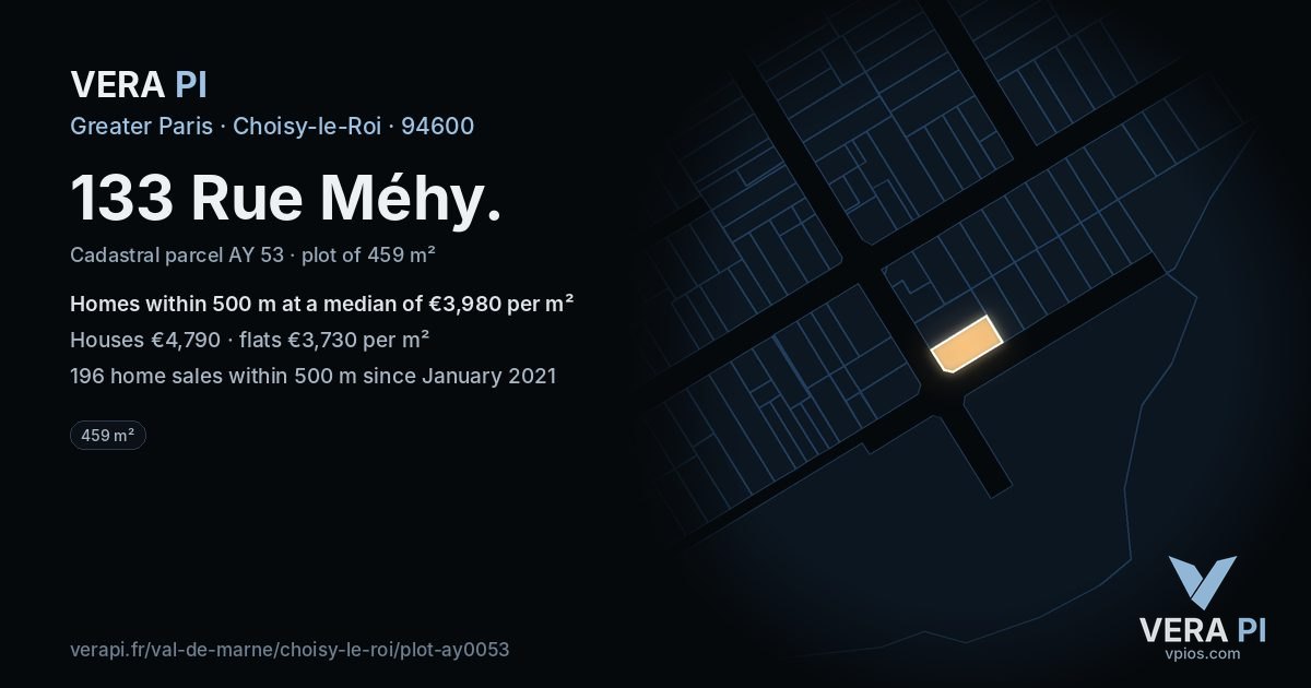 133 Rue Méhy, Choisy-le-Roi at night – the plot lit, the parcels around coloured by the prices near them