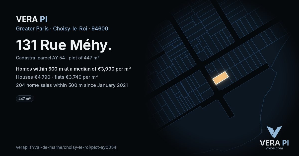 131 Rue Méhy, Choisy-le-Roi at night – the plot lit, the parcels around coloured by the prices near them