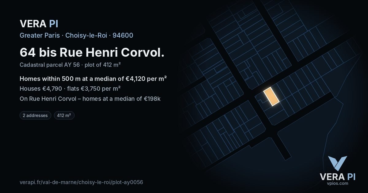 64 bis Rue Henri Corvol, Choisy-le-Roi at night – the plot lit, the parcels around coloured by the prices near them