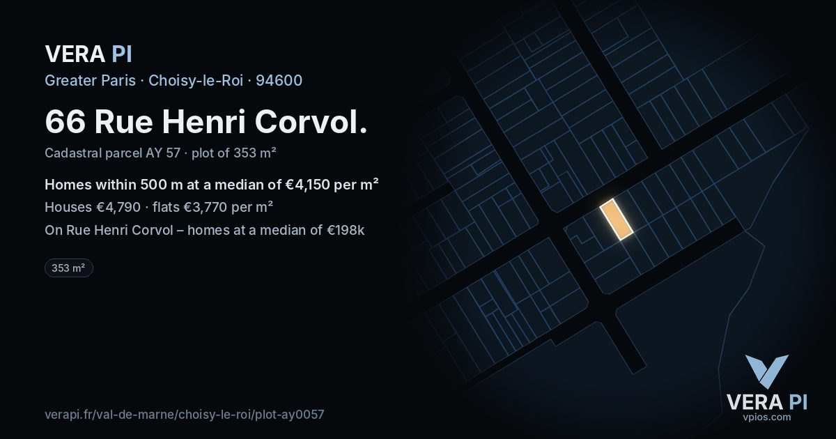 66 Rue Henri Corvol, Choisy-le-Roi at night – the plot lit, the parcels around coloured by the prices near them