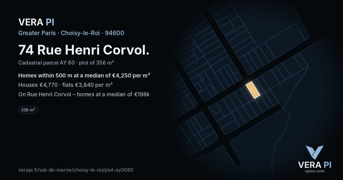74 Rue Henri Corvol, Choisy-le-Roi at night – the plot lit, the parcels around coloured by the prices near them