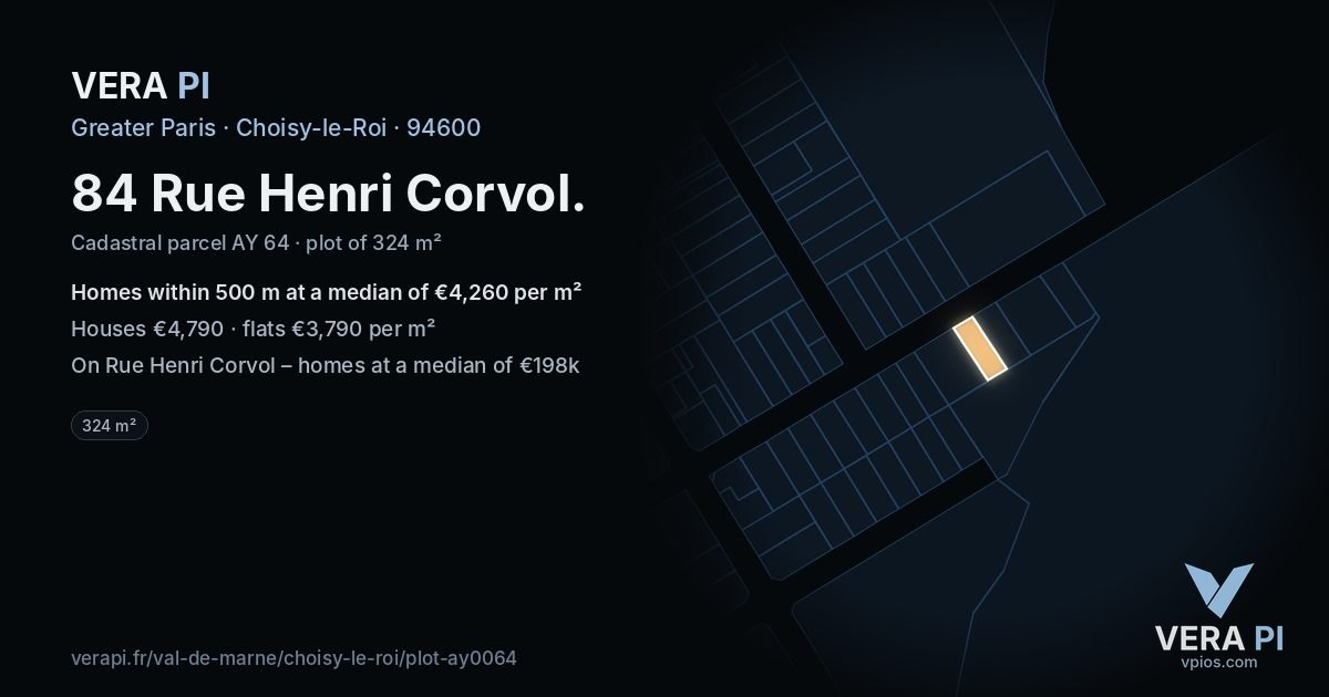 84 Rue Henri Corvol, Choisy-le-Roi at night – the plot lit, the parcels around coloured by the prices near them