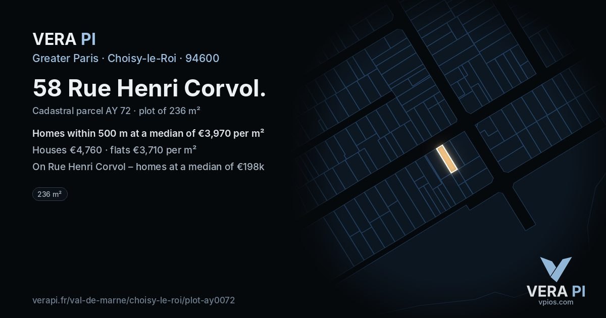 58 Rue Henri Corvol, Choisy-le-Roi at night – the plot lit, the parcels around coloured by the prices near them
