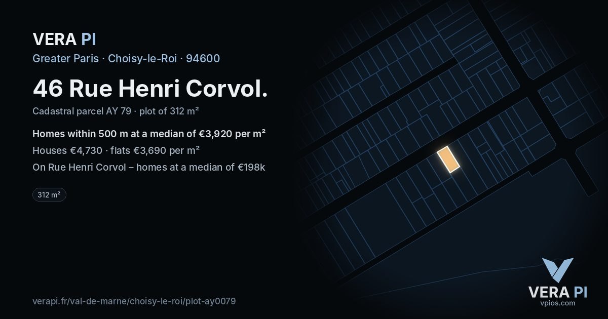 46 Rue Henri Corvol, Choisy-le-Roi at night – the plot lit, the parcels around coloured by the prices near them