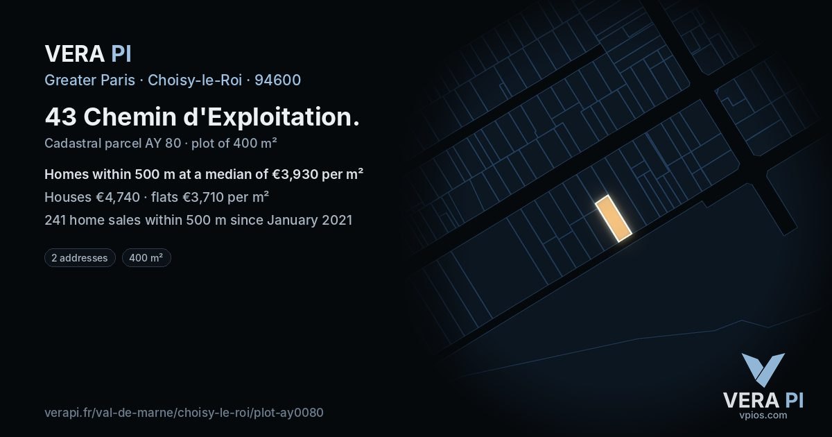 43 Chemin d'Exploitation, Choisy-le-Roi at night – the plot lit, the parcels around coloured by the prices near them