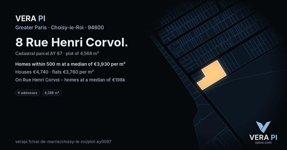 8 Rue Henri Corvol, Choisy-le-Roi at night – the plot lit, the parcels around coloured by the prices near them