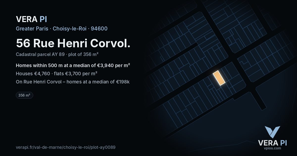 56 Rue Henri Corvol, Choisy-le-Roi at night – the plot lit, the parcels around coloured by the prices near them