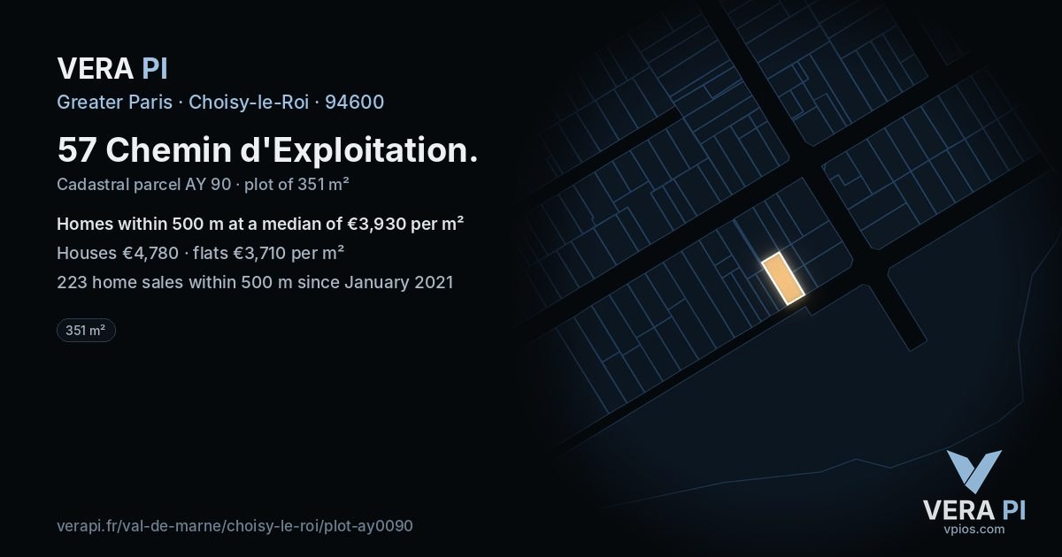 57 Chemin d'Exploitation, Choisy-le-Roi at night – the plot lit, the parcels around coloured by the prices near them