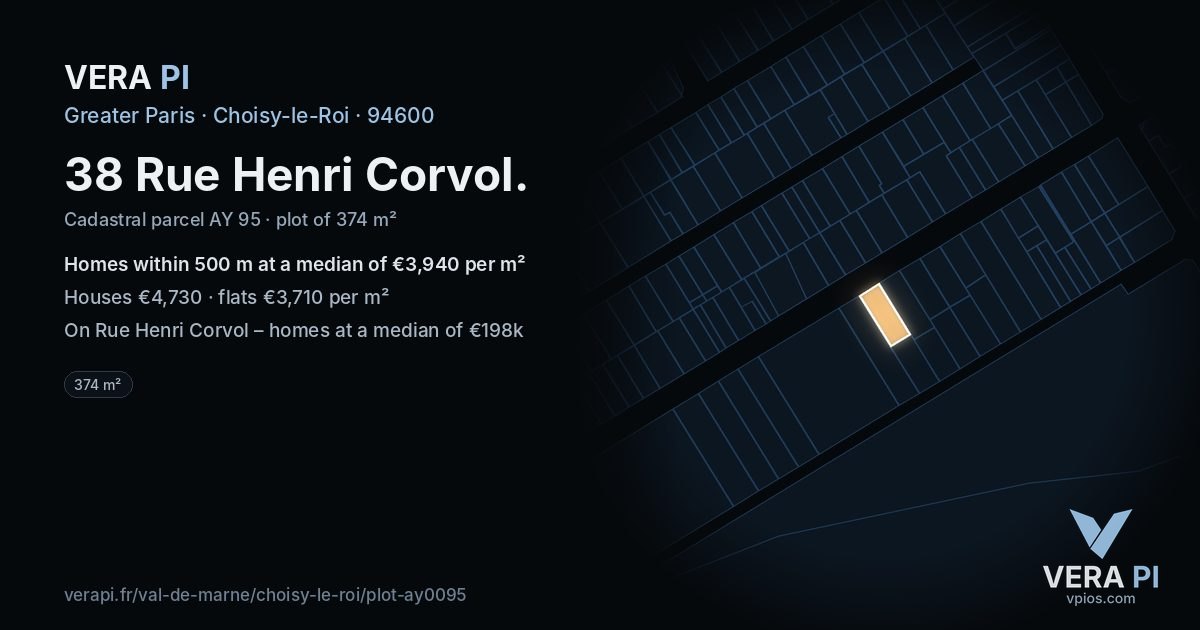 38 Rue Henri Corvol, Choisy-le-Roi at night – the plot lit, the parcels around coloured by the prices near them