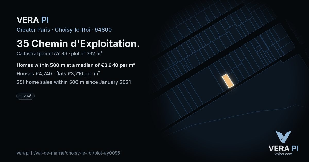 35 Chemin d'Exploitation, Choisy-le-Roi at night – the plot lit, the parcels around coloured by the prices near them