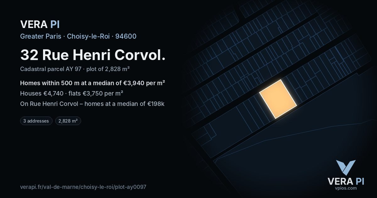 32 Rue Henri Corvol, Choisy-le-Roi at night – the plot lit, the parcels around coloured by the prices near them