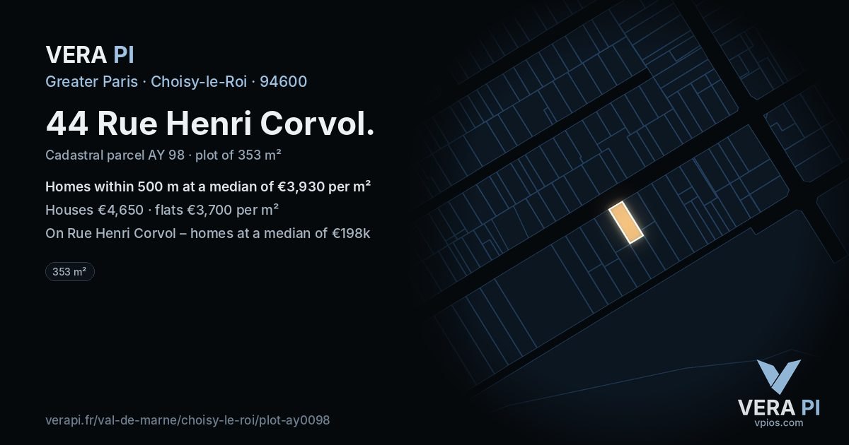 44 Rue Henri Corvol, Choisy-le-Roi at night – the plot lit, the parcels around coloured by the prices near them