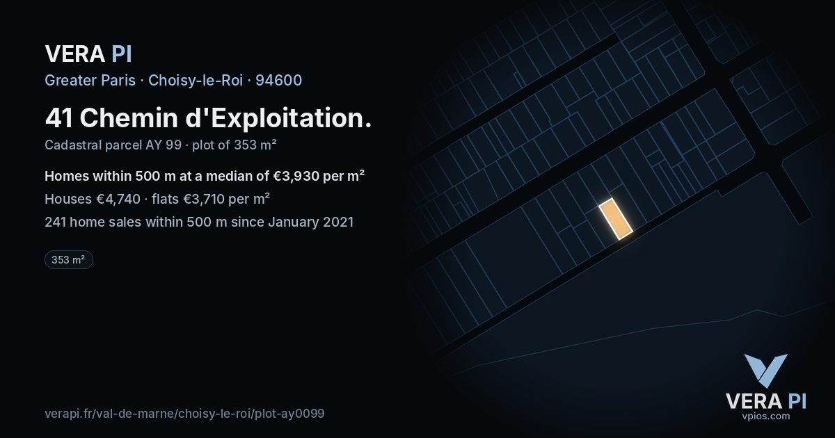 41 Chemin d'Exploitation, Choisy-le-Roi at night – the plot lit, the parcels around coloured by the prices near them